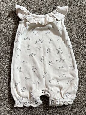 L'ovedbaby Cream Ruffle Neck Baby Romper with Subtle Gray Print